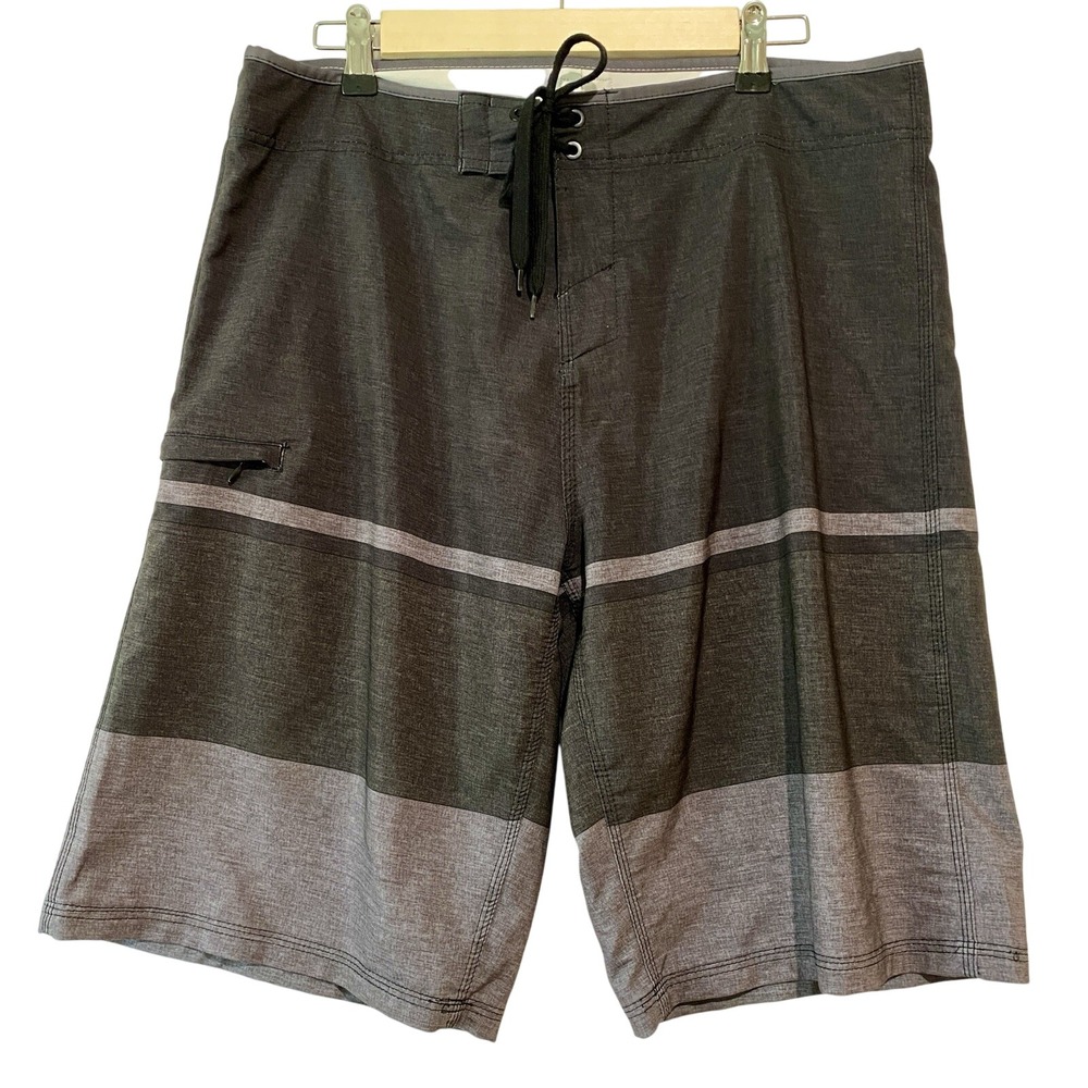 Burnside Mens Swim Boardshorts Size 34 Black Gray Striped Drawstring Beach